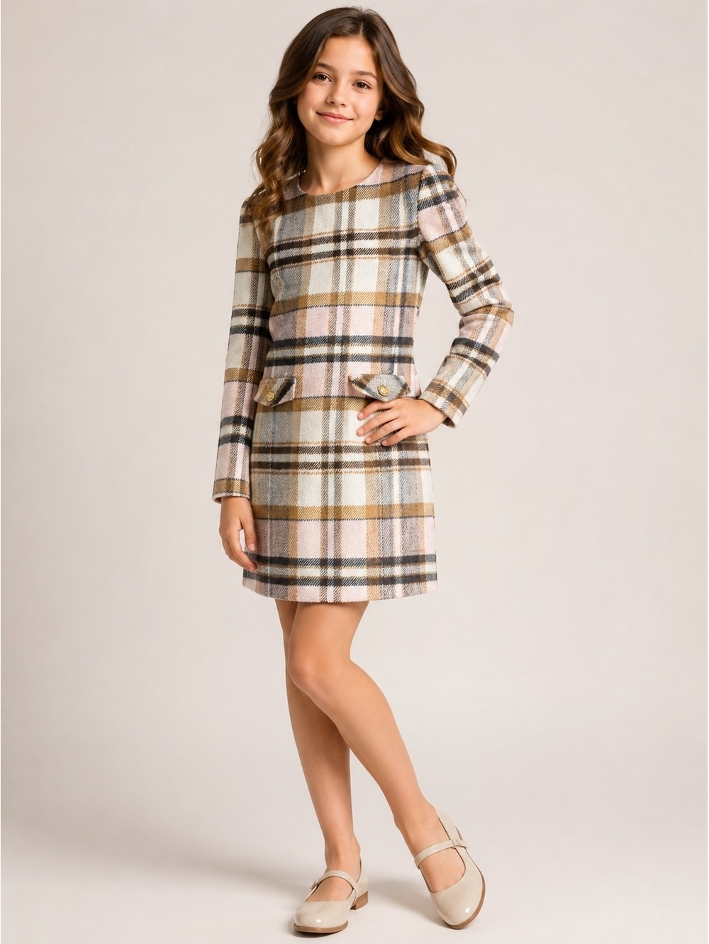 Katie J NYC Girls Plaid Dress Long Sleeve Pink Pocket Size XL NWT